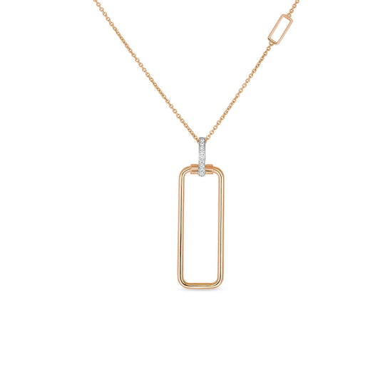 The Roberto Coin 18K Rose Gold Classica Parisienne Necklace features a delicate chain and an open rectangular pendant with a diamond-encrusted bale, showcasing the brand's exquisite craftsmanship.