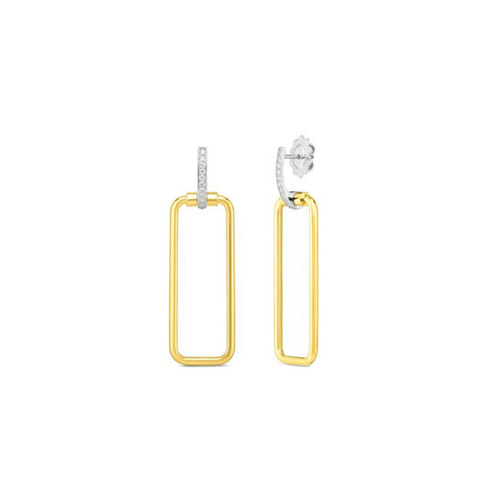 Introducing the Roberto Coin 18K Yellow and White Gold Classica Parisienne Rectangle with Diamond Accent Earrings. These elegant earrings, featuring a blend of yellow and white gold, are designed with hinged clasps and subtle silver-studded accents reminiscent of the exquisite style of Roberto Coin. Photographed against a white background, they make an ideal choice for any occasion.