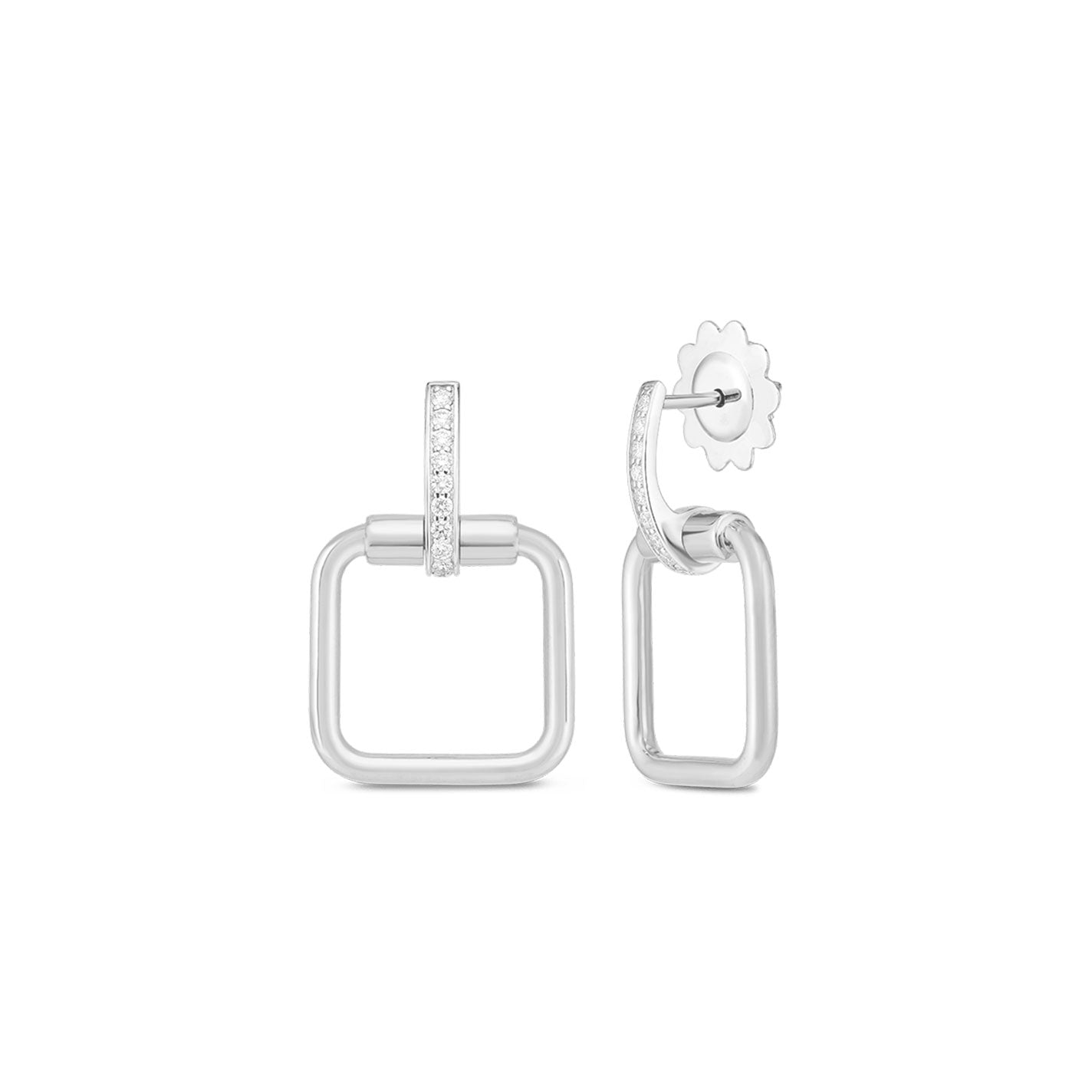 The Roberto Coin 18K White Gold Classic Parisienne earrings have a rectangular, open-ended design with diamond accents on the top section, exuding modern minimalism. Displayed from the side to highlight their sleek clasp, these earrings effortlessly combine contemporary style with timeless elegance.