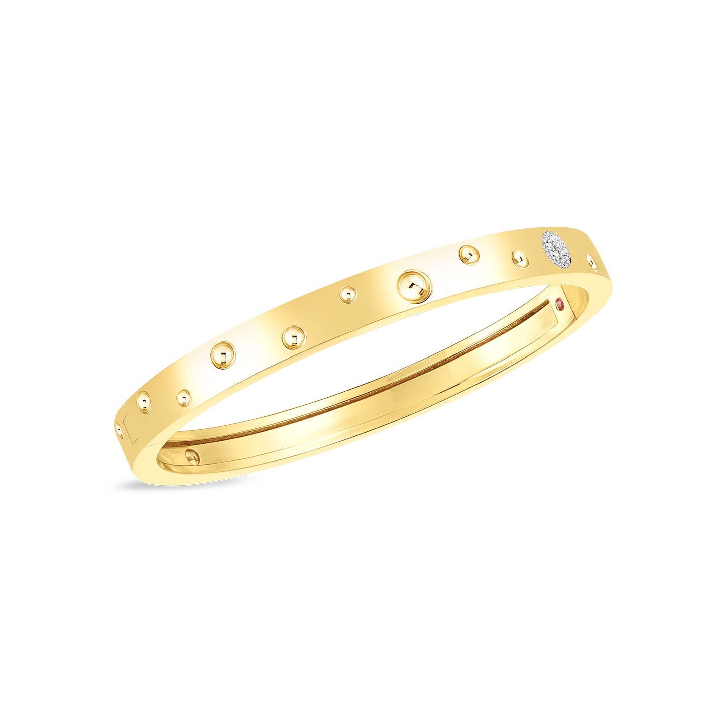 The Roberto Coin Pois Moi Luna 18K Yellow Gold Diamond Bangle, an elegant piece by Roberto Coin, features a stunning design crafted from 18-karat yellow gold with studded circular patterns and a small diamond accent, all set against a plain white background.