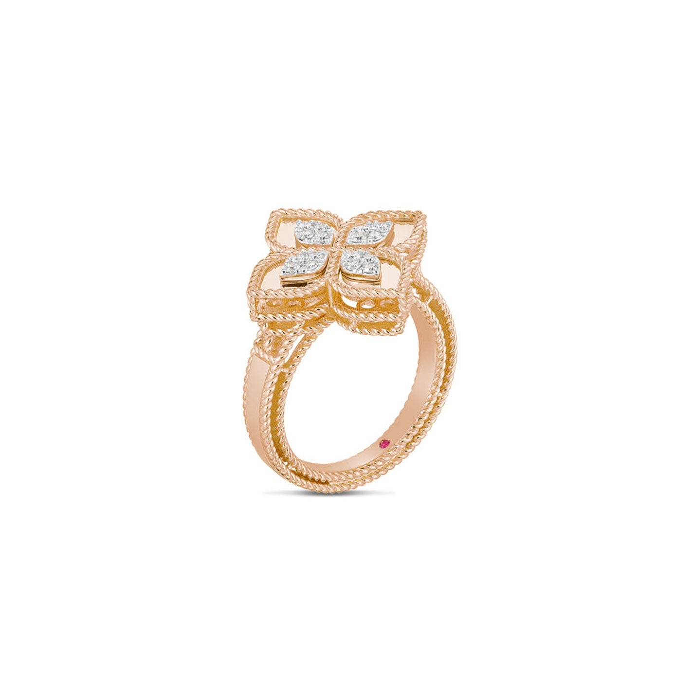 This exquisite Roberto Coin Princess Flowers 18K Rose Gold Diamond Ring showcases a floral design adorned with four dazzling diamond-like stones at its center. The intricately detailed band enhances its ornate elegance.