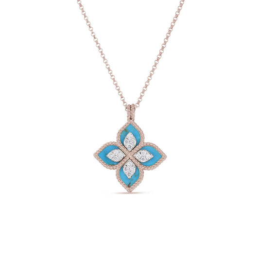 The Roberto Coin Venetian Princess 18K Rose Gold Diamond and Turquoise Necklace Pendant features a stunning flower-shaped design with turquoise petals and sparkling diamond-like stones, all elegantly set in an 18K rose gold frame, suspended from a delicate gold chain.