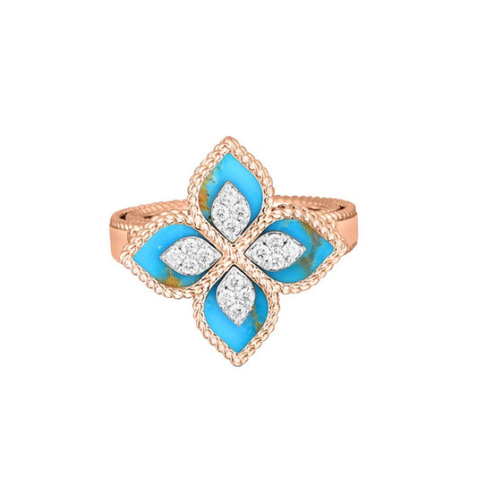 The Roberto Coin Venetian Princess 18K Rose Gold Diamond and Turquoise Flower Ring features a flower design with four turquoise petals edged in rose gold, centered with diamond clusters. The band has a braid-like pattern reflecting Roberto Coin's craftsmanship.