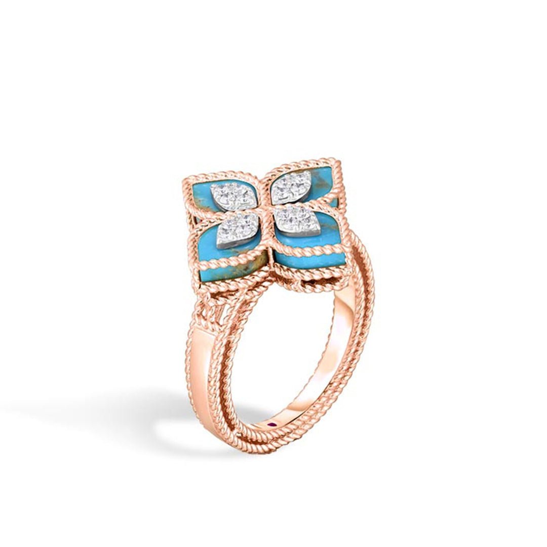Discover the Roberto Coin Venetian Princess 18K Rose Gold Diamond and Turquoise Flower Ring, a stunning creation featuring a four-petal flower design with turquoise and diamond accents on an elegant textured band.