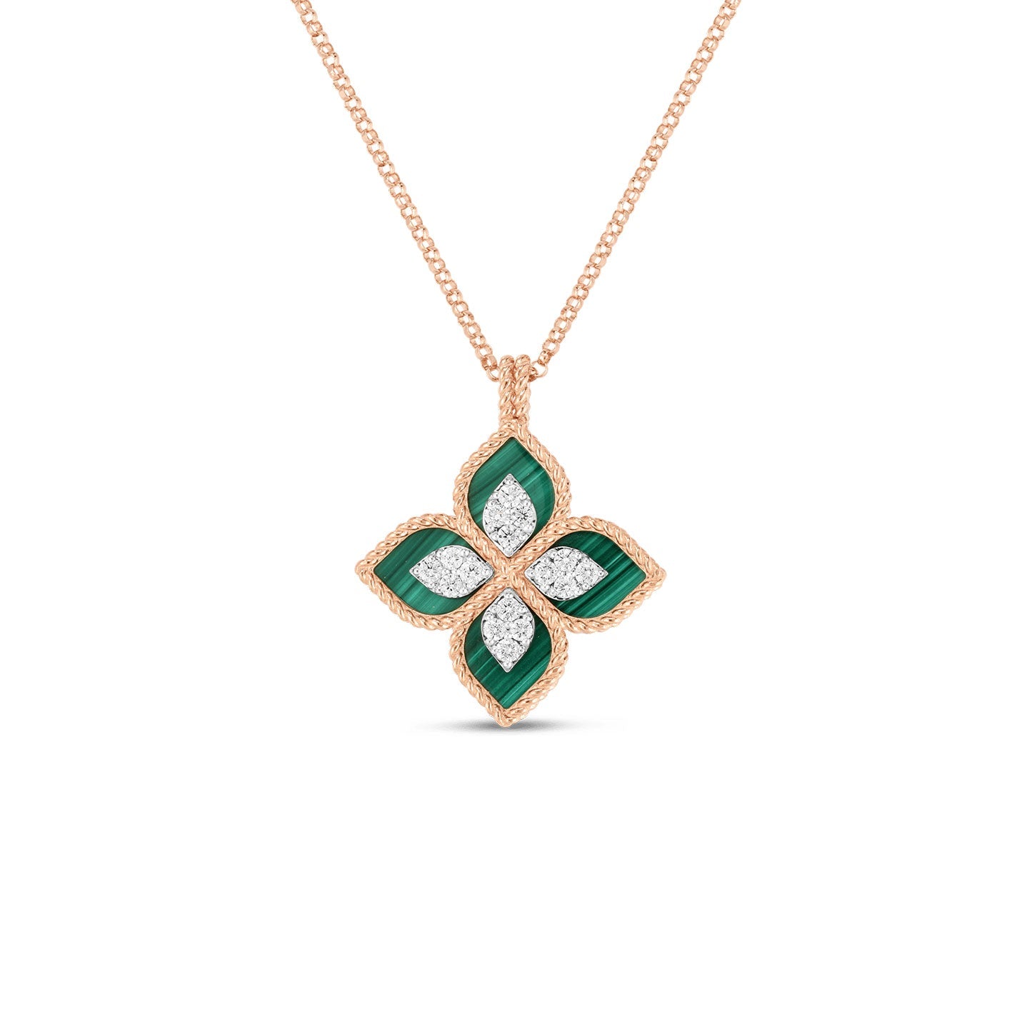 The Roberto Coin Princess Flower 18K Rose Gold Green Malachite & Diamond Necklace Pendant displays a captivating four-petal flower design. This intricately crafted piece features lush green malachite, diamond accents, and a textured border, combining elegance with a distinctive and unique style.