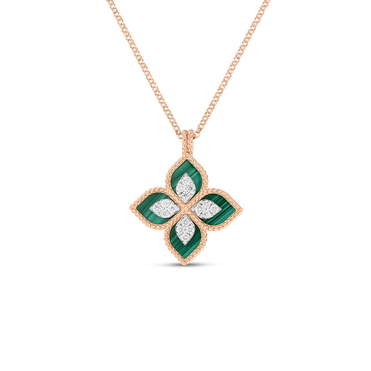 The Roberto Coin Princess Flower 18K Rose Gold Green Malachite & Diamond Necklace Pendant displays a captivating four-petal flower design. This intricately crafted piece features lush green malachite, diamond accents, and a textured border, combining elegance with a distinctive and unique style.