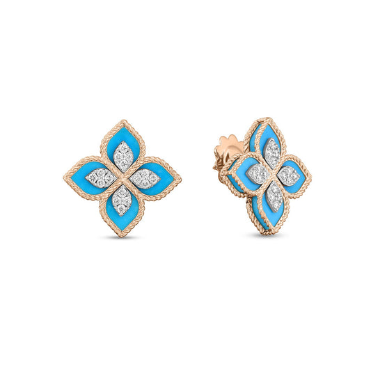 Presenting the Roberto Coin Venetian Princess 18K Rose Gold Earrings, these stunning diamond and turquoise flower earrings by Roberto Coin are a true masterpiece. They feature exquisite gold and turquoise floral elements, highlighted with shimmering diamonds. The design showcases four petal-like shapes in a refined rope texture, radiating elegance with turquoise centers and sections adorned with diamonds.