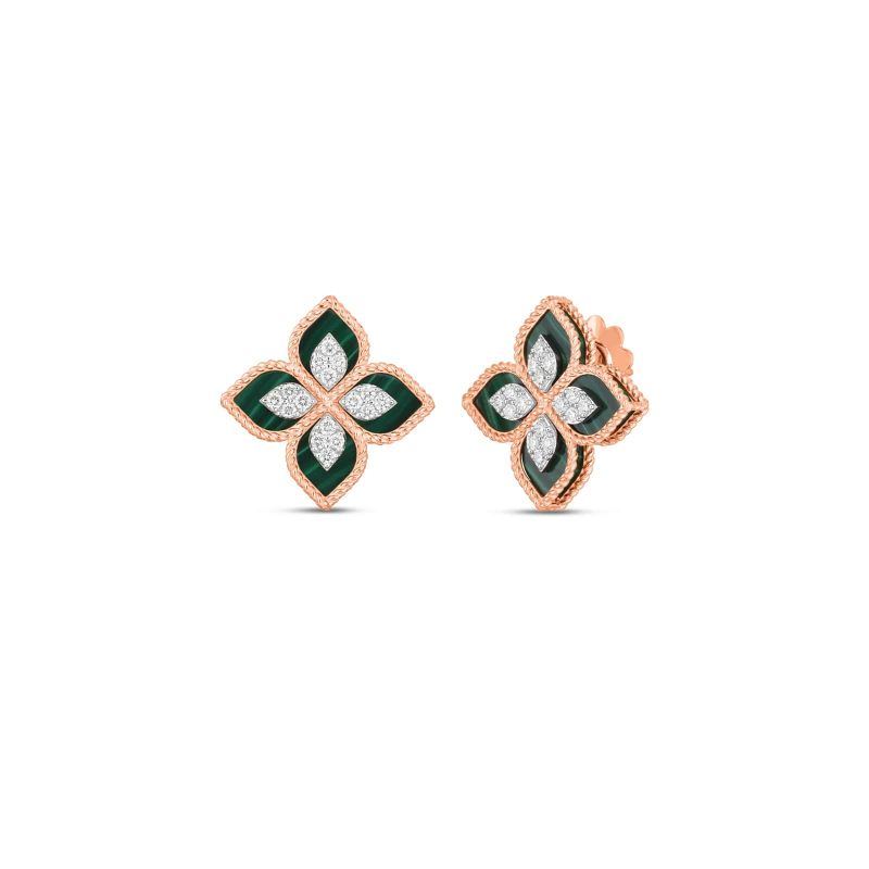 The Roberto Coin Princess Flower 18K Rose Gold Green Malachite & Diamond Medium Stud Earrings are intricately designed with a flower shape, featuring a rose gold outline and 18 karat yellow gold detailing. Each petal is adorned with a green malachite interior bordered by small diamonds, and the earrings showcase a central cluster of diamonds, with one positioned facing forward and the other slightly angled.