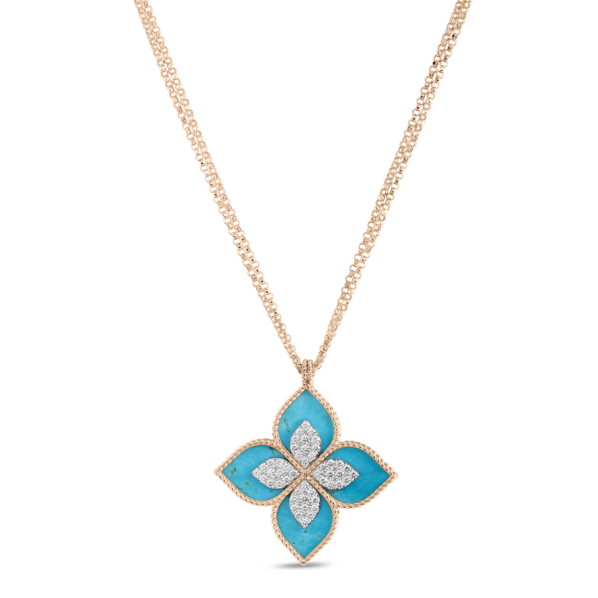 The Roberto Coin Venetian Princess 18K Rose and White Gold Turquoise and Diamond Necklace Pendant features a flower-shaped pendant with turquoise-colored petals and a center dazzling with diamonds. This exquisite piece gracefully hangs from a delicate gold chain, adding an elegant touch to any occasion.