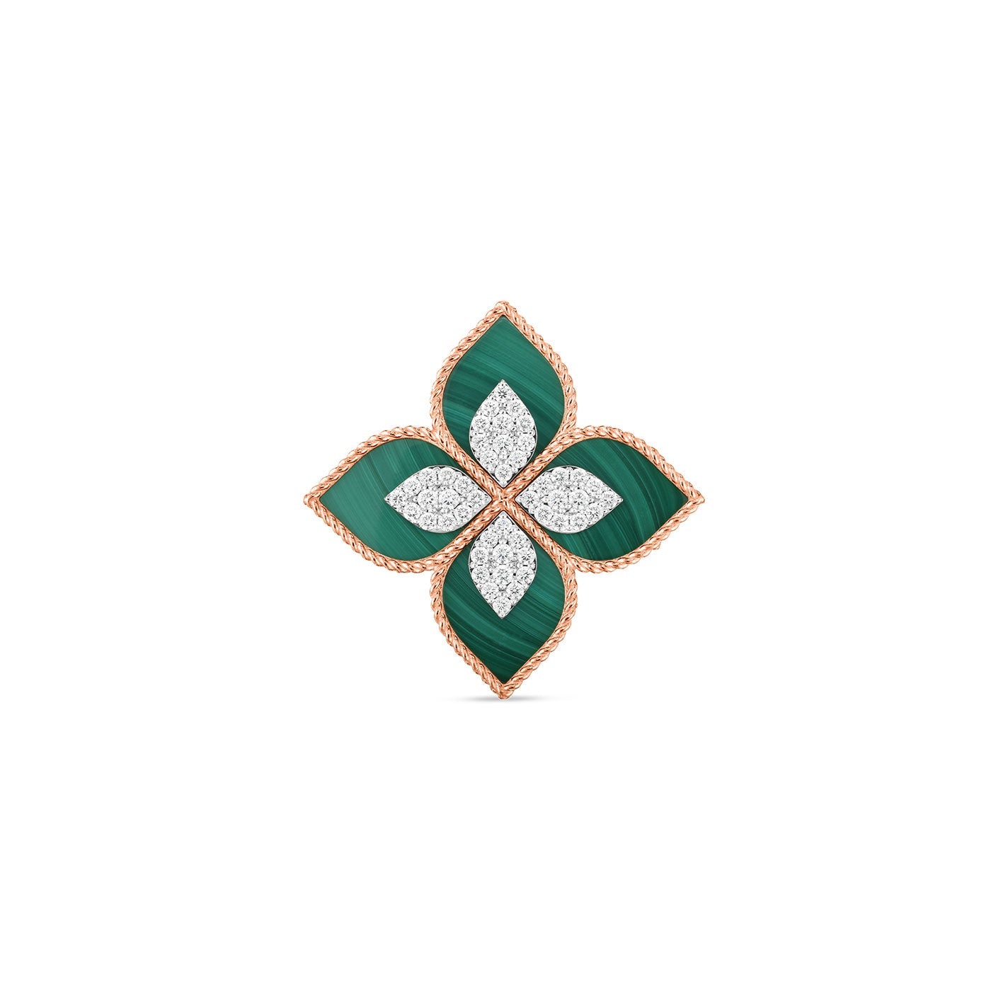 A ring inspired by the renowned style of Roberto Coin, featuring a clover-shaped motif with four green malachite petals accented by intricate gold borders and diamond-encrusted centers, set against a plain white background.