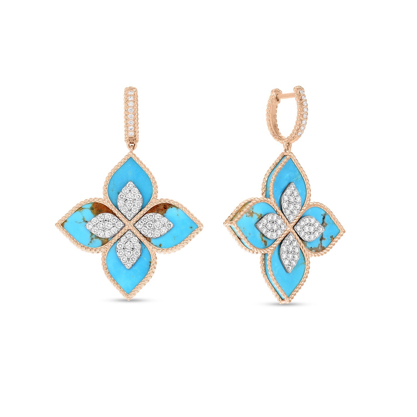 The Roberto Coin Venetian Princess 18K Rose Gold Diamond and Turquoise Drop Earrings are adorned with beautiful gold floral shapes highlighted by turquoise petals and diamond centers. Each petal is outlined in 18 Karat Rose Gold, with additional small diamonds embellishing the hoops, all set against a white background.