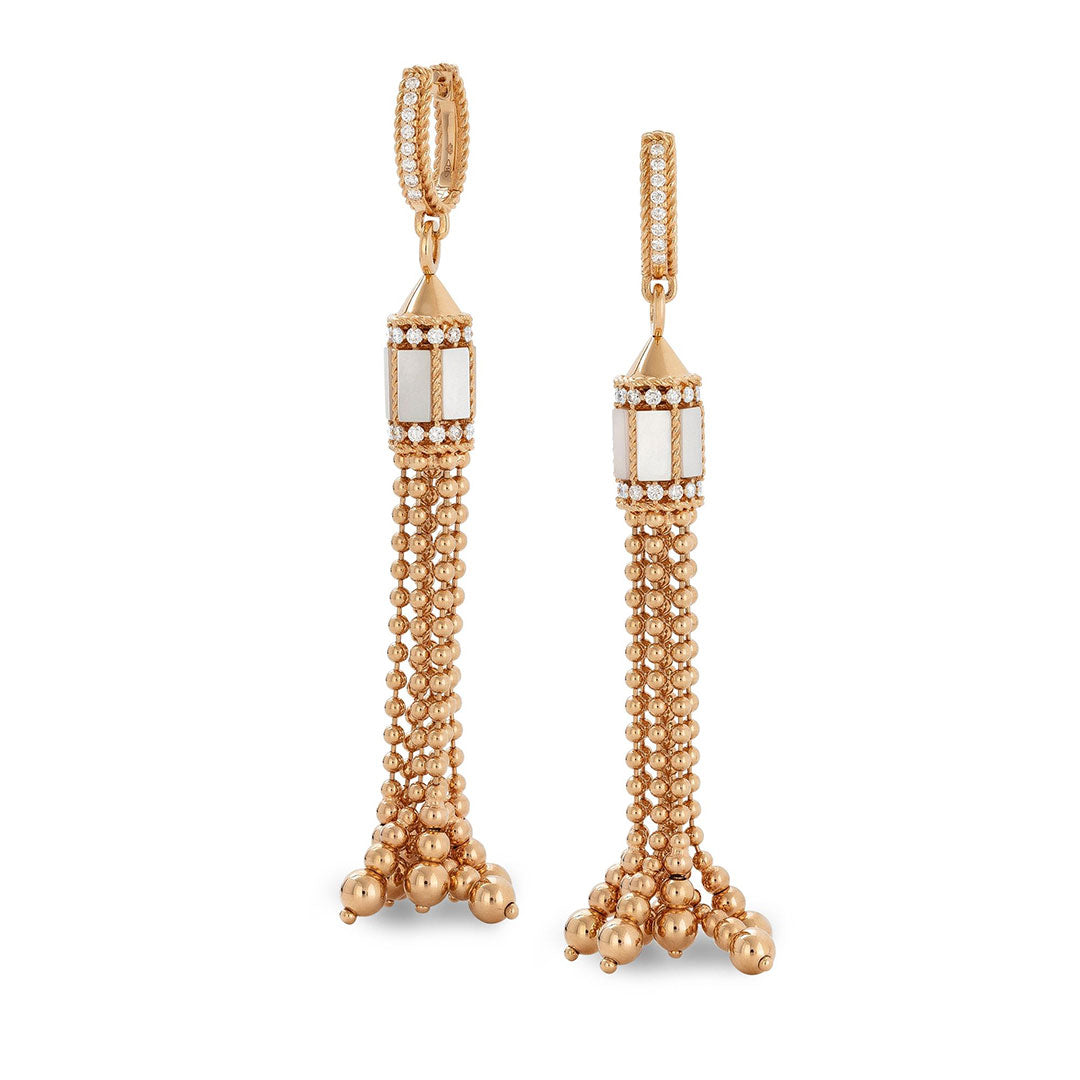 Introducing the Roberto Coin Art Deco 18K Rose Gold Mother of Pearl with Diamond Drop Earrings, featuring exquisite craftsmanship and intricate beadwork with cylindrical accents. These dangling earrings capture the allure of Art Deco elegance.