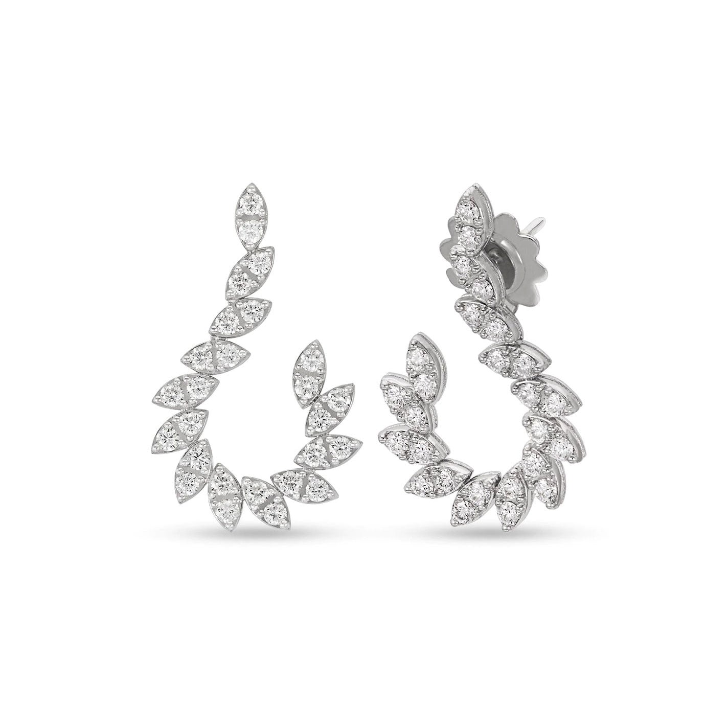 These Roberto Coin Marquesa 18K White Gold Diamond Drop Earrings from the renowned Roberto Coin brand feature exquisite silver earrings adorned with marquise-shaped crystals arranged in a graceful, leaf-like design. The radiant crystals, reminiscent of diamonds, are set in a delicate pattern that exudes elegance and sophistication.