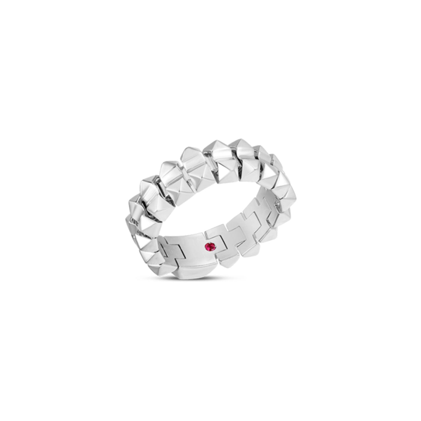 The Roberto Coin Obelisco 18K White Gold Ring features a sophisticated geometric design, with a single small red gemstone stylishly embedded into the band and perfectly displayed against a crisp white background.