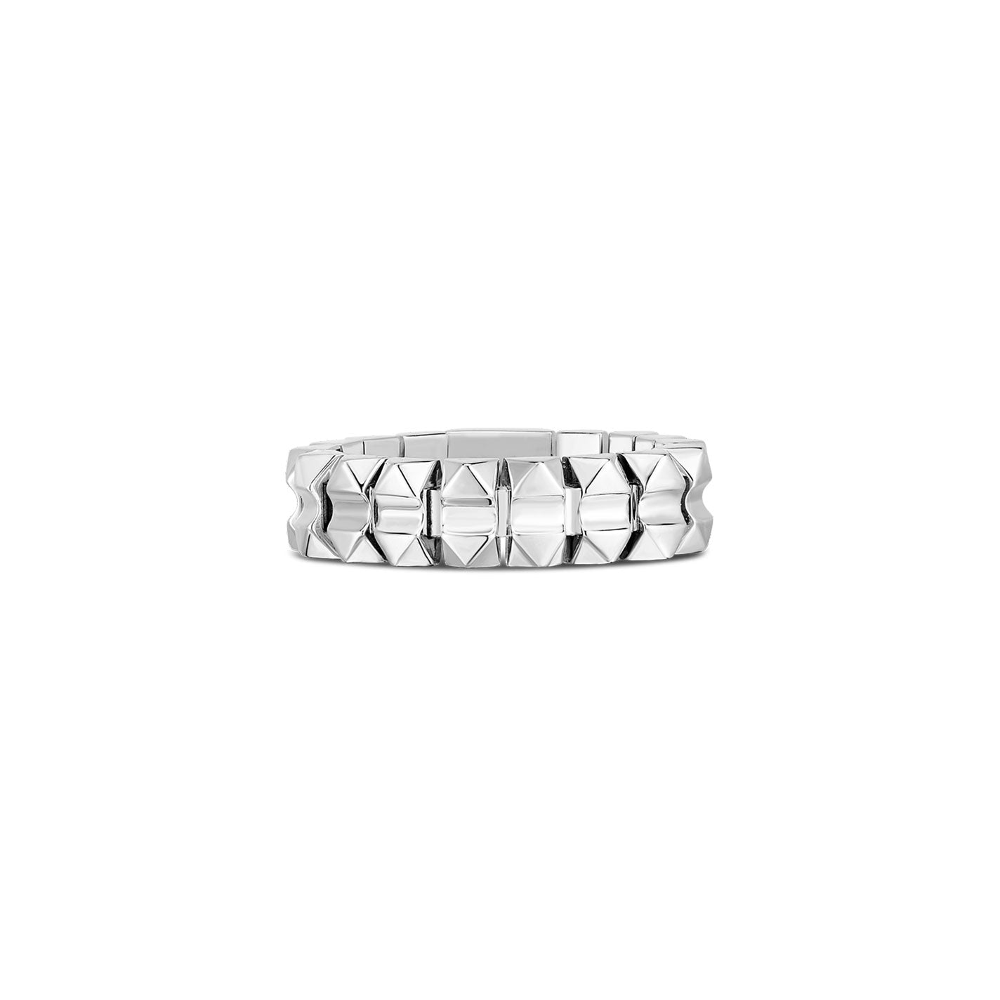 The Roberto Coin Obelisco 18K White Gold Ring features angular, interlocking shapes with a polished finish.