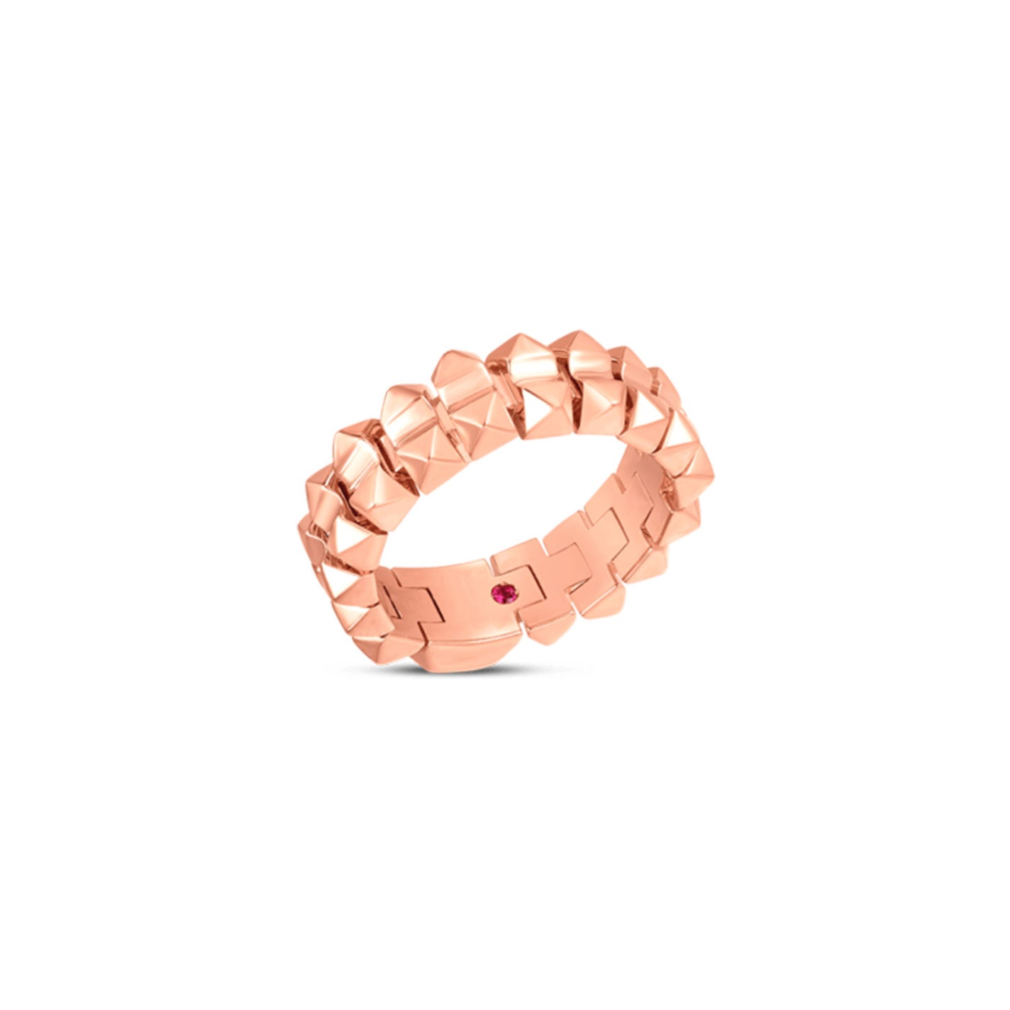 This Roberto Coin Obelisco 18K Rose Gold Thin Flexible Ring boasts interlocking zigzag shapes with a subtle red gemstone accent, offering a bold and contemporary design that stands out brilliantly against a plain white background.