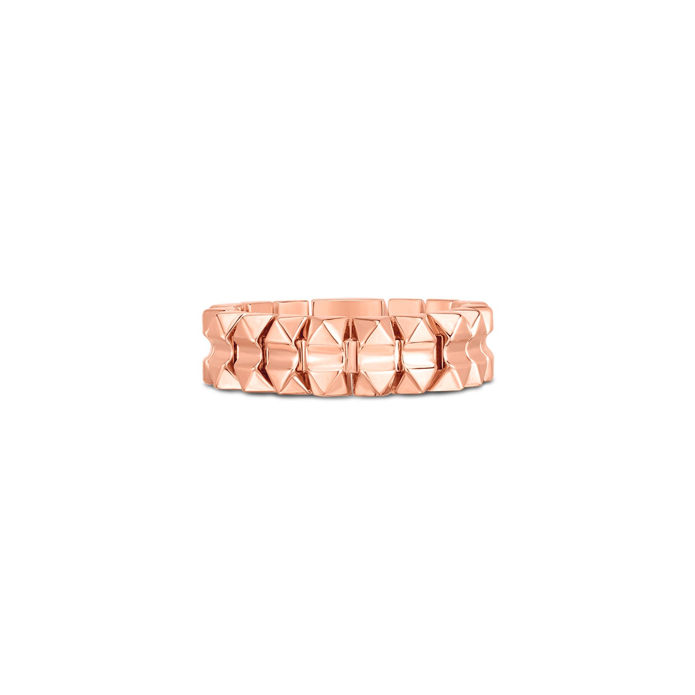 As a piece from the Roberto Coin Obelisco Collection, the 18K rose gold thin flexible ring showcases a geometric pattern with textured interlocking shapes set against a plain white background.