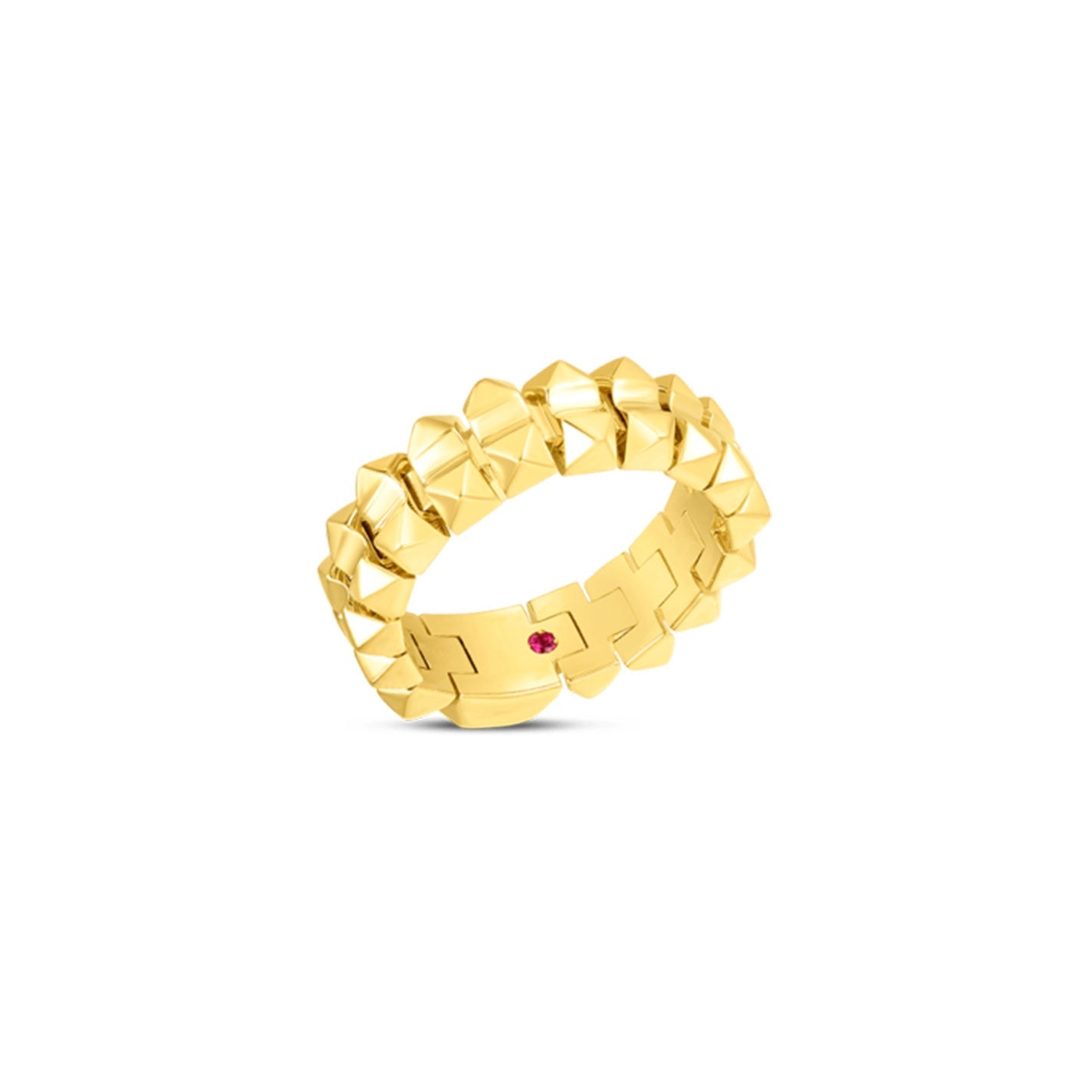 The Roberto Coin Obelisco 18K Yellow Gold Thin Flexible Ring showcases a stunning chain-link design, highlighted by a small red gemstone embedded in one of the links, all set against a white background.