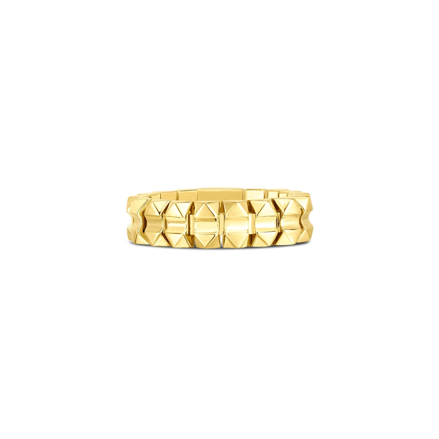 From the Obelisco Collection by Roberto Coin, the Roberto Coin Obelisco 18K Yellow Gold Thin Flexible Ring features a geometric faceted design. Elevated angular shapes encircle the band, creating a sleek and modern look against a plain white backdrop.