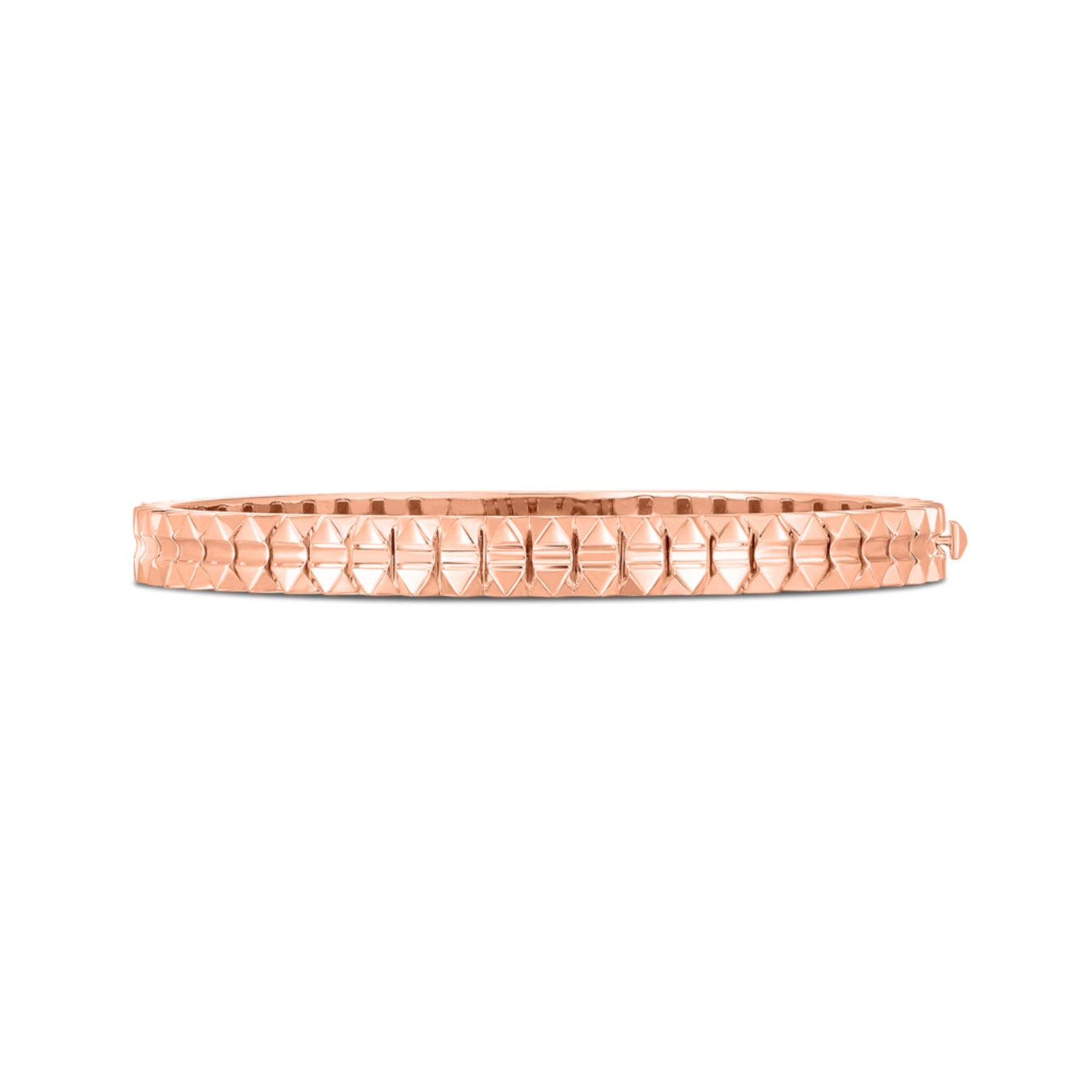 Discover the elegance of the Roberto Coin Obelisco 18K Rose Gold Hinged Bangle, showcasing a stunning geometric pattern.