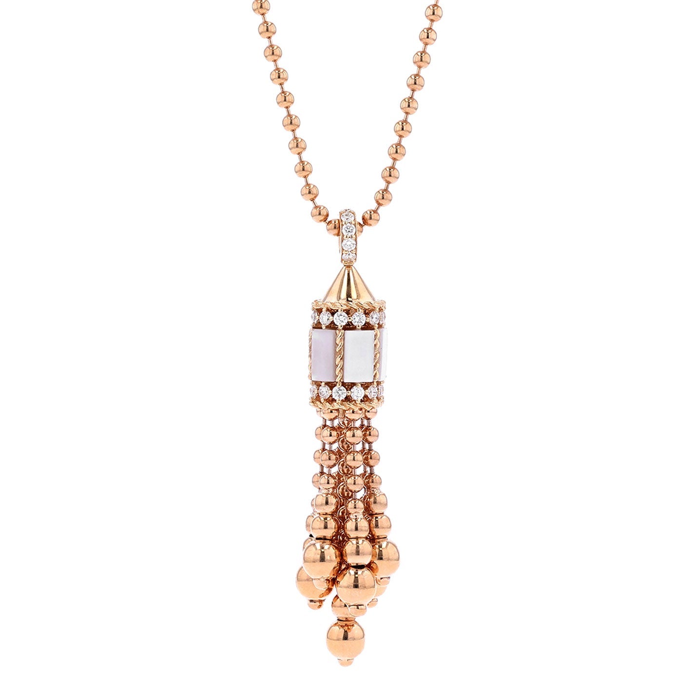 Introducing the Roberto Coin Art Deco 18K Rose Gold Diamond and Mother of Pearl Petite Necklace Pendant. This exquisite necklace features a rose gold chain adorned with an Art Deco pendant, showcasing delicate white mother of pearl inlays and dazzling diamond accents. The pendant extends into a graduated bead tassel, embodying an elegant and intricate design that echoes Roberto Coin's unique style.