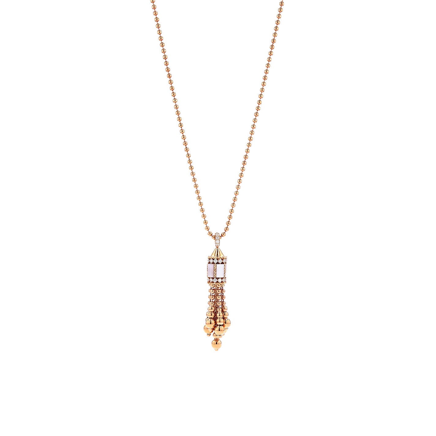 Introducing the Roberto Coin Art Deco 18K Rose Gold Diamond and Mother of Pearl Petite Necklace Pendant, an exquisite piece from Roberto Coin. This necklace boasts an intricately detailed pendant, reflecting the Art Deco style, gracefully suspended on a delicate chain. The design is further enhanced by a tassel made of multiple rose gold beads, adding a touch of elegance and sophistication.