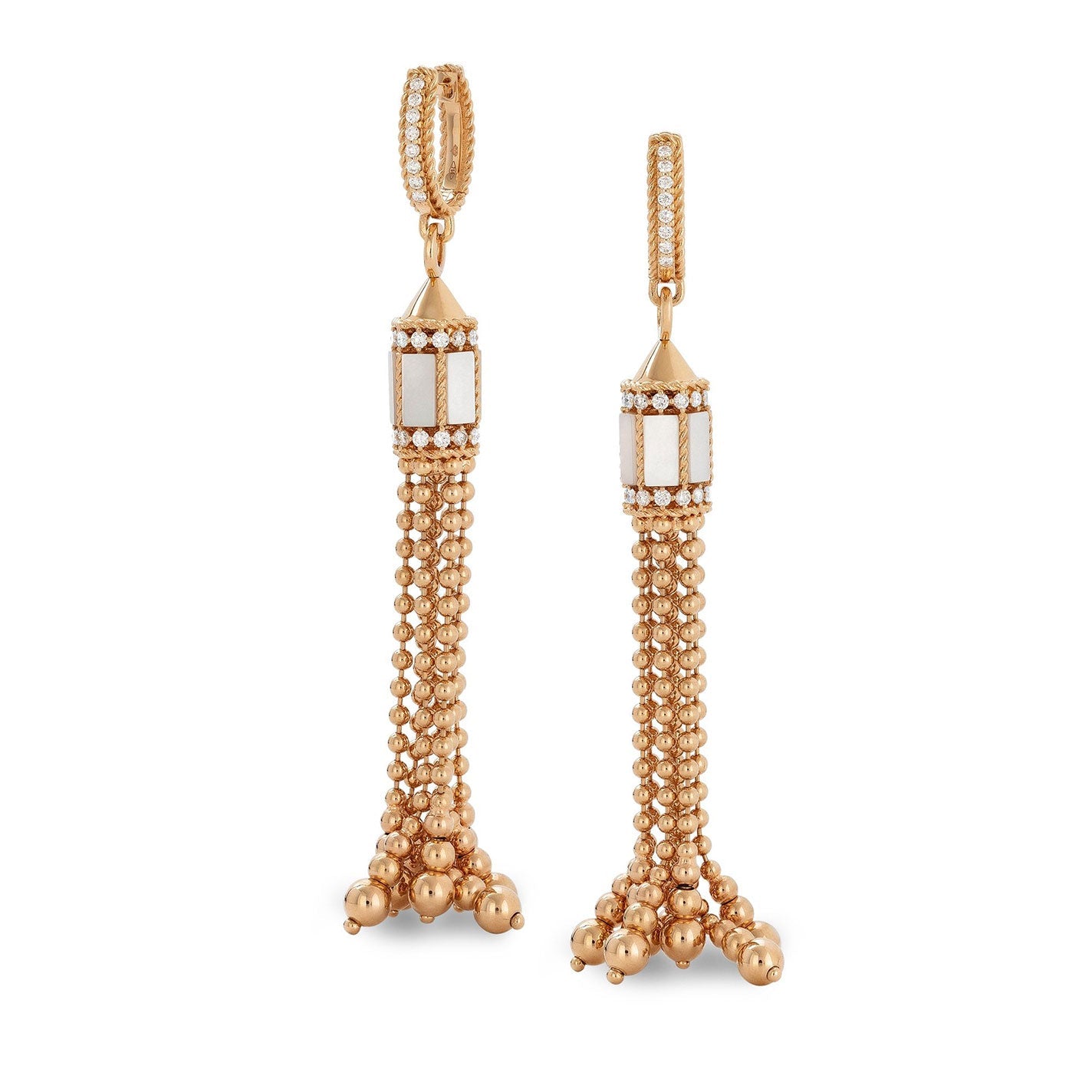 Presenting the Roberto Coin Art Deco 18K Rose Gold Diamond with Mother of Pearl Petite Drop Earrings, these feature exquisite beadwork in 18 karat rose gold. The design boasts luxurious long, tassel-like strands of small gold beads that dangle elegantly from a geometric top.