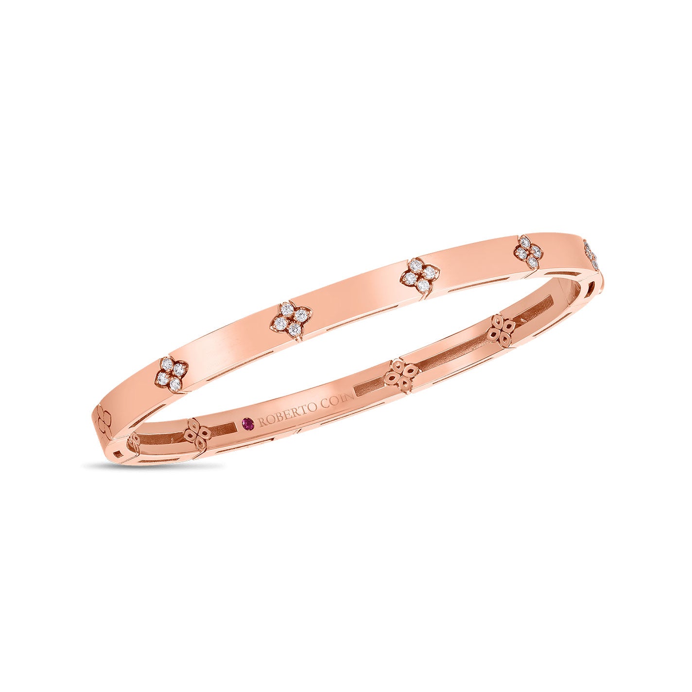 The Roberto Coin Love In Verona 18K Rose Gold Narrow Width Diamond Accent Bangle showcases a series of delicate floral motifs adorned with round diamonds. Crafted from 18k rose gold, it features a sleek, polished finish and an elegant, modern design.