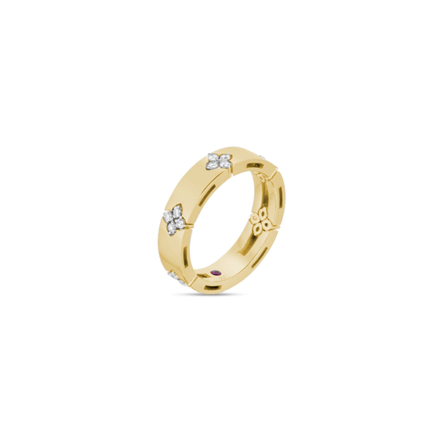 The Roberto Coin Love in Verona 18K Yellow Gold Diamond Fashion Ring by Roberto Coin is beautifully showcased against a white background, featuring floral diamond accents and a small pink gemstone on the inside band.