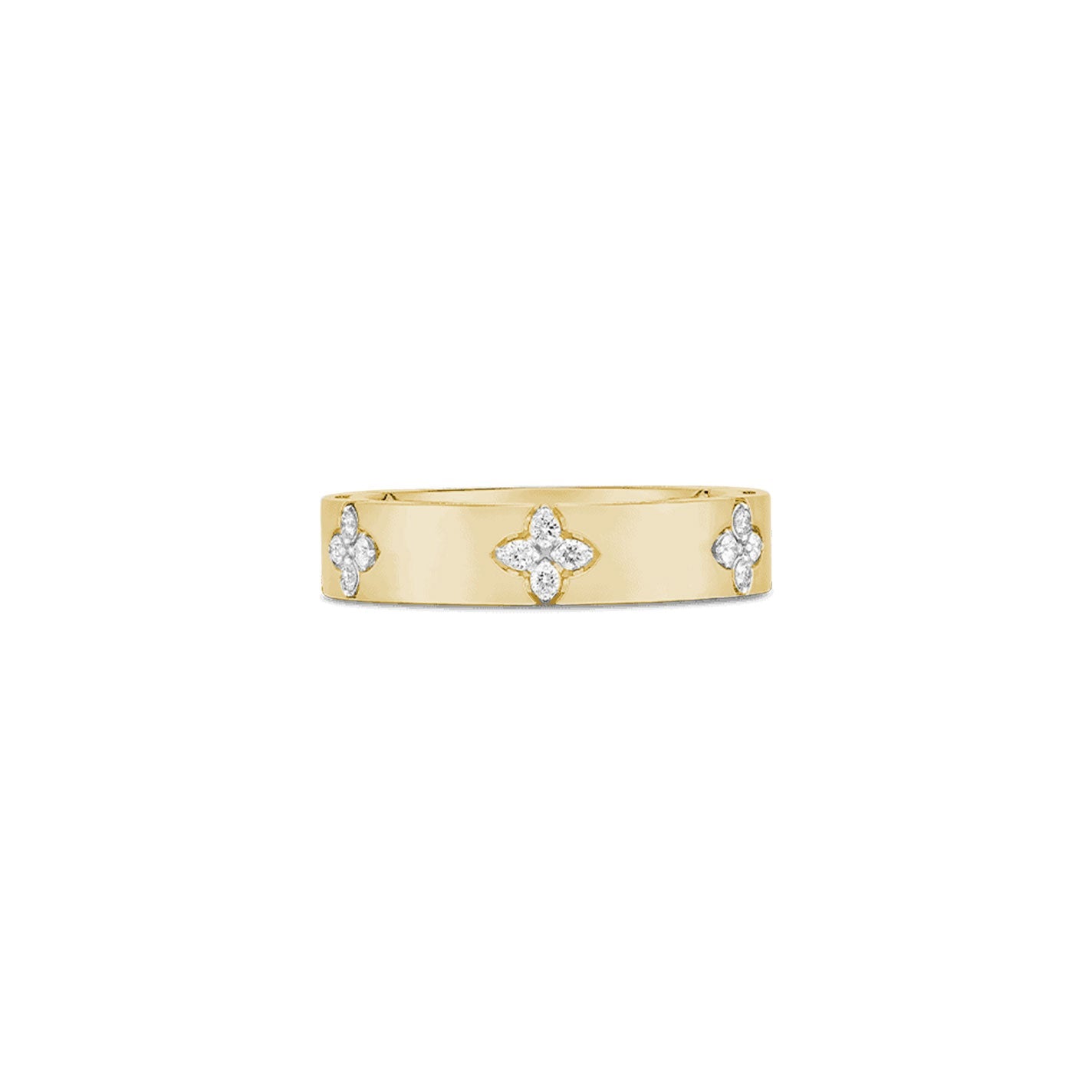 Introducing the Roberto Coin Love in Verona 18K Yellow Gold Diamond Fashion Ring: this exquisite piece showcases a flat band design with five diamond-studded floral motifs. Its polished finish accentuates its sophisticated and graceful aesthetic, epitomizing the essence of Love in Verona.