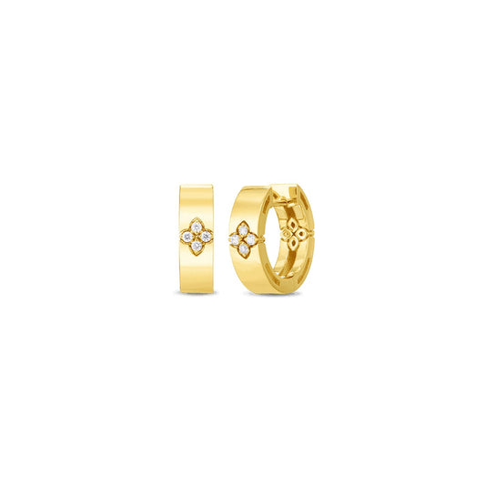 A pair of Roberto Coin Love In Verona 18K Yellow Gold Diamond Earrings is showcased against a plain white background. Their shiny texture and intricate floral design details are beautifully highlighted, reminiscent of the elegance found in Roberto Coin jewelry.