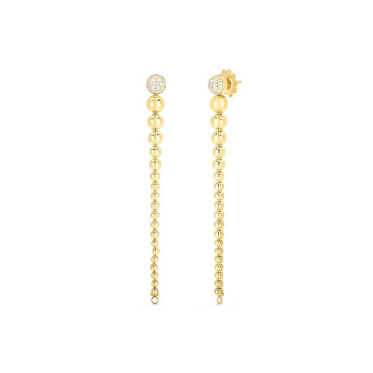Introducing the Roberto Coin Tassel 18K Yellow Gold Diamond Convertible Drop Earrings. These elegant earrings feature a series of graduated beads adorned with sparkling round diamond tops, offering a modern and sophisticated elongated design.