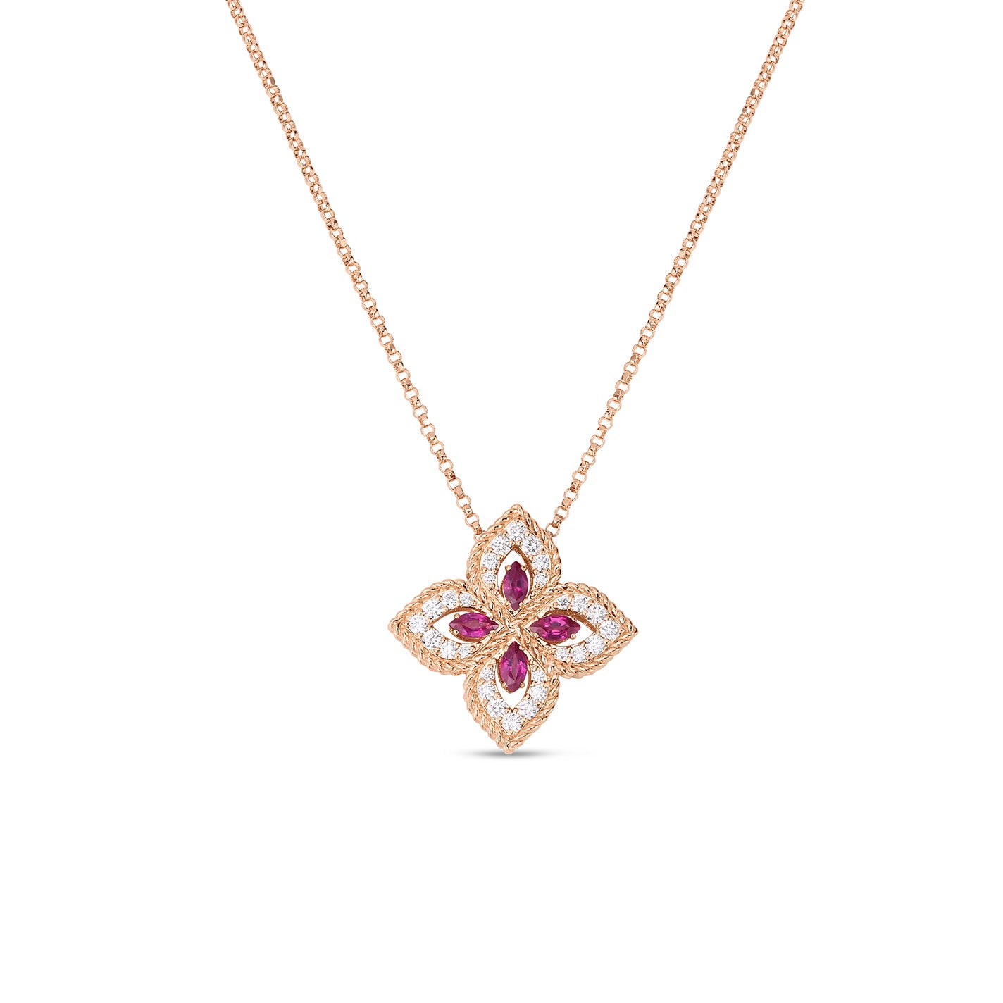 The Roberto Coin Venetian Princess 18K Rose Gold Diamond & Marquise Ruby Flower Necklace Pendant features a flower-shaped design with marquise-cut rubies at its center, surrounded by sparkling diamond accents, creating an elegant and intricate look.