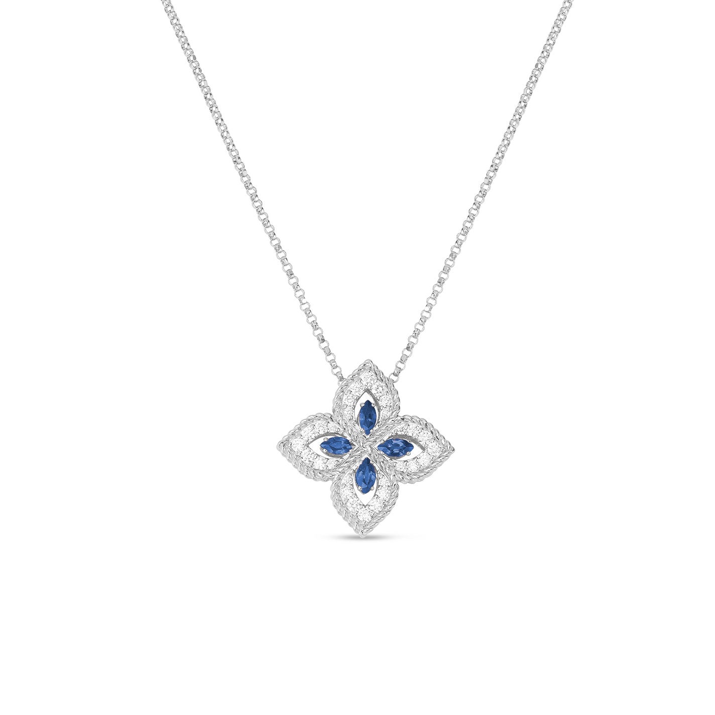 The Roberto Coin Venetian Princess 18K White Gold Marquise Sapphires and Diamond Necklace Pendants elegantly features a flower-shaped pendant with marquise sapphire petals. Each gem is accentuated by surrounding small diamonds, producing a sparkling effect emblematic of the Venetian Princess collection.