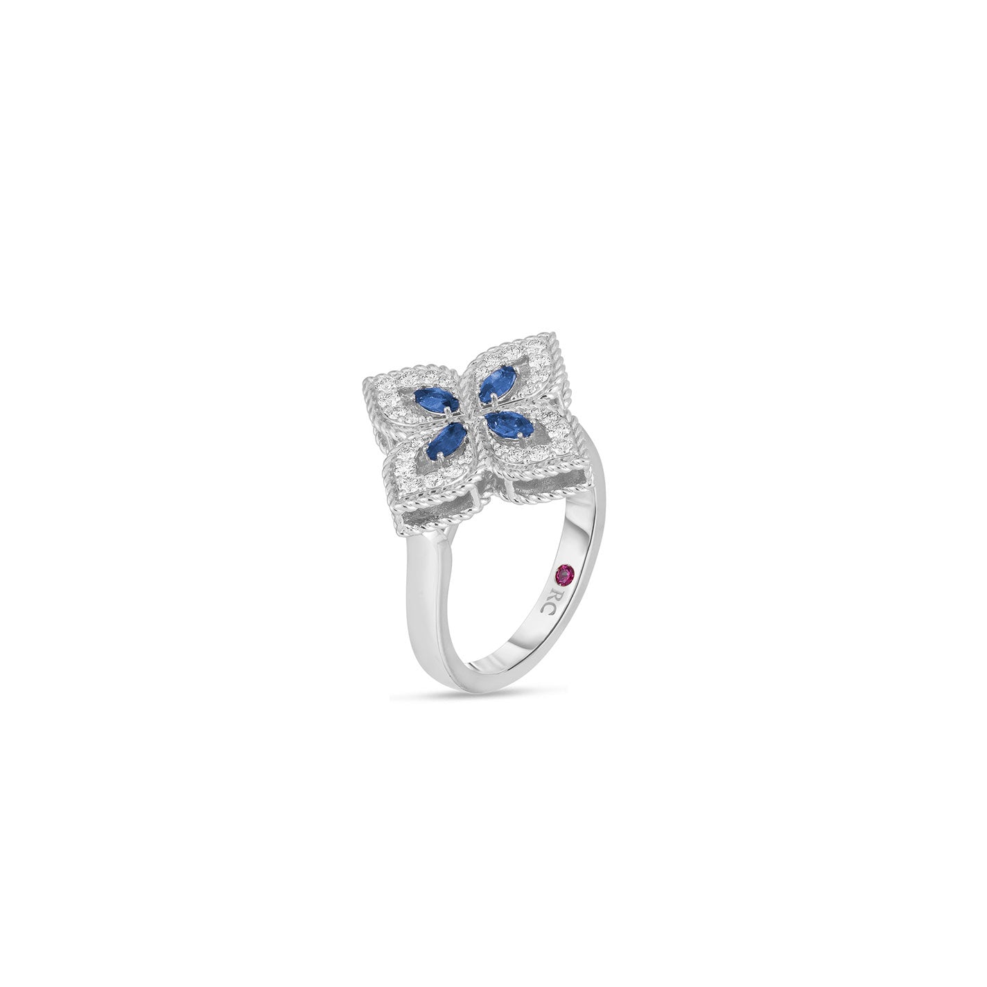 Introducing the Roberto Coin Venentian Princess 18K White Gold Marquise Sapphire and Diamond Ring, an exquisite piece by Roberto Coin. This ring showcases a delicate butterfly motif enhanced with blue gemstones, featuring a marquise sapphire on its band along with an accent of a small pink gemstone.