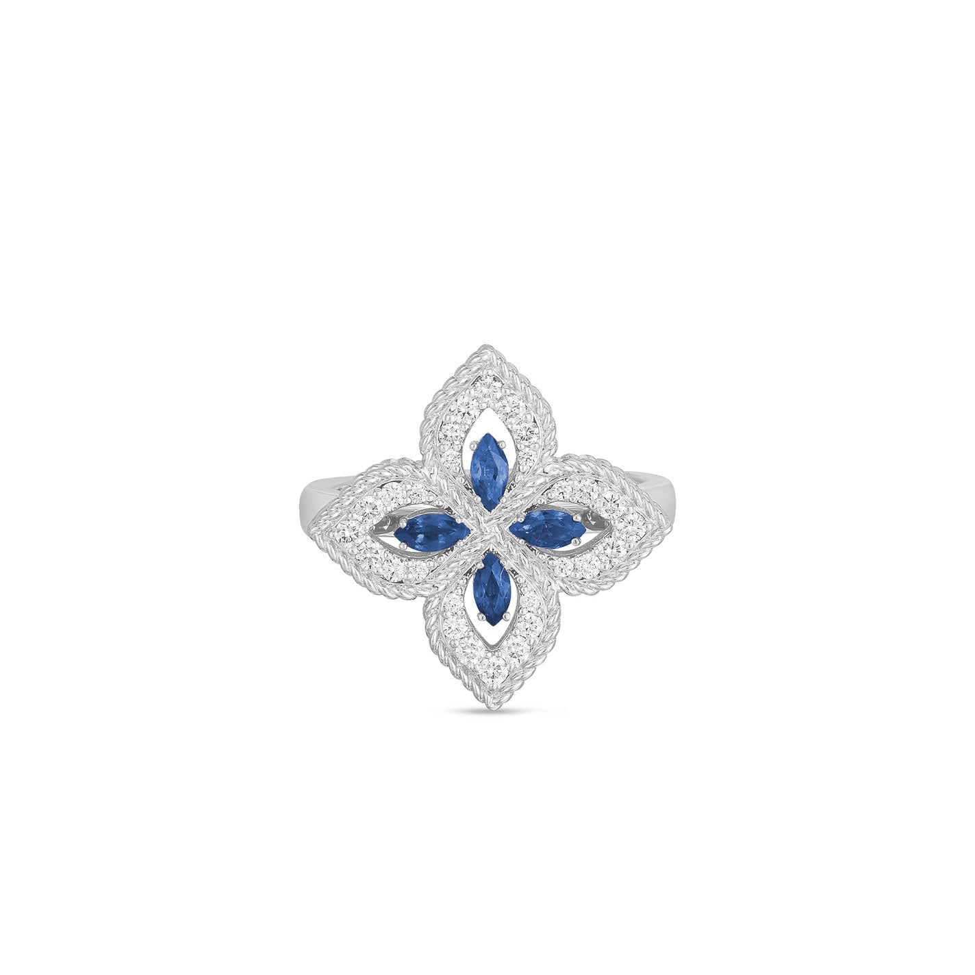 The Roberto Coin Venetian Princess Ring features an exquisite floral design adorned with five marquise sapphires, set elegantly on an 18 karat white gold band. The plain white background emphasizes its timeless elegance.