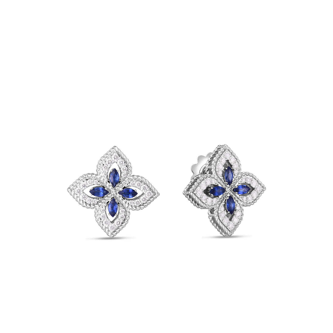 The Roberto Coin Venentian Princess 18K White Gold Earrings are exquisitely crafted with a symmetrical arrangement of sparkling blue gemstone petals, exhibiting intricate details and timeless sophistication.