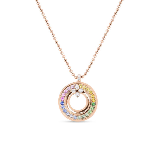 The Roberto Coin Love In Verona 18K Rose Gold Diamond and Sapphire Necklace Pendants feature an exquisite pendant displaying a circular design with vibrant gemstones in a rainbow pattern. Highlighted by round sapphires and small diamond accents, the pendant consists of two concentric circles that elegantly hang from a beaded chain, all crafted from 18 karat rose gold.