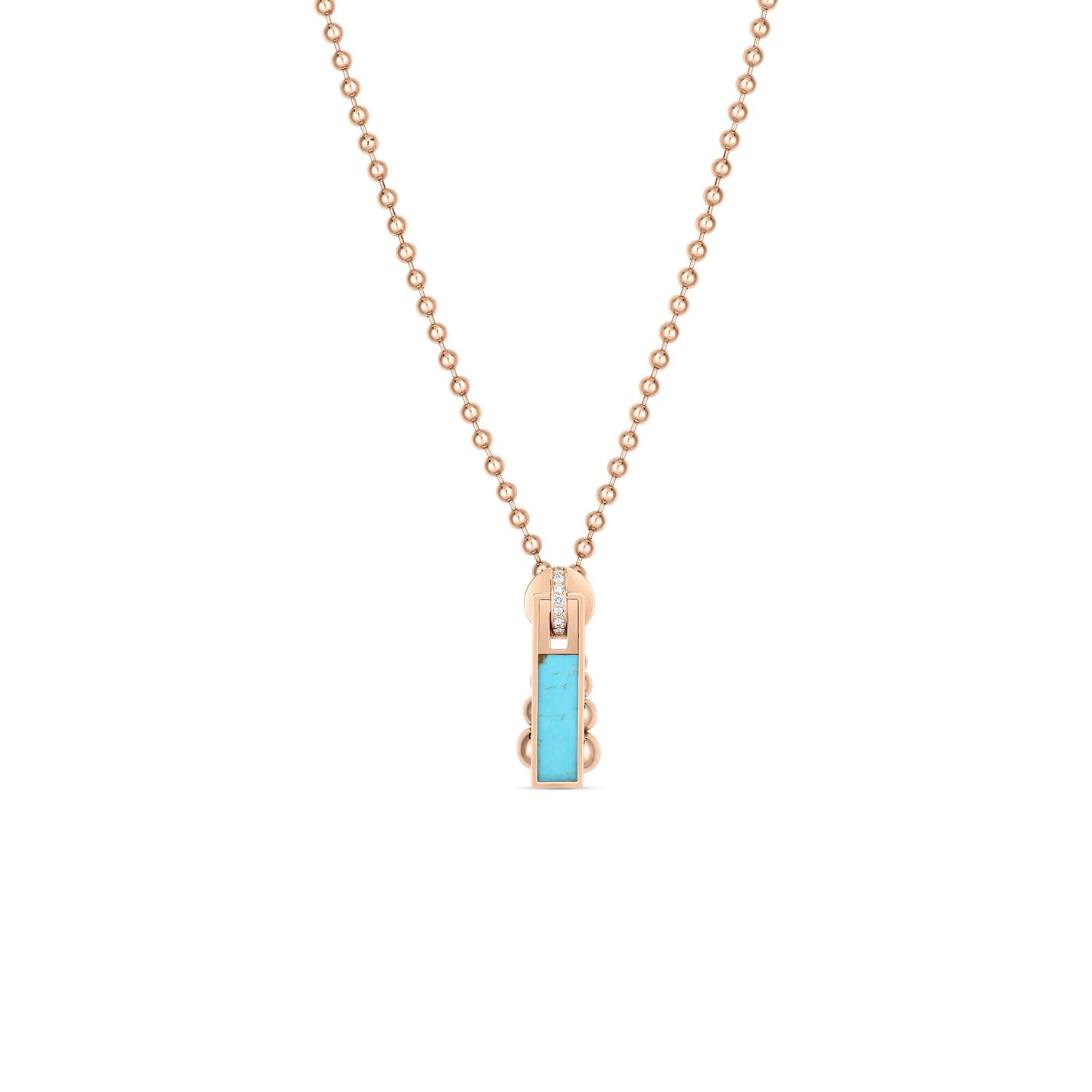 Roberto Coin Art Deco 18K Rose Gold Turquoise and Diamond Zipper Necklace Pendant