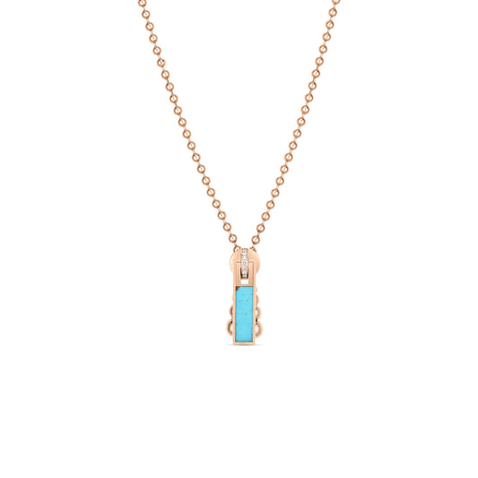 Introducing the Roberto Coin Art Deco 18K Rose Gold Turquoise and Diamond Zipper Necklace Pendant, an exquisite piece by Roberto Coin. This necklace features a chain adorned with a rectangular pendant showcasing a vibrant turquoise stone. The pendant's scalloped edges and small diamond accent at the top add an elegant touch to this stunning accessory.