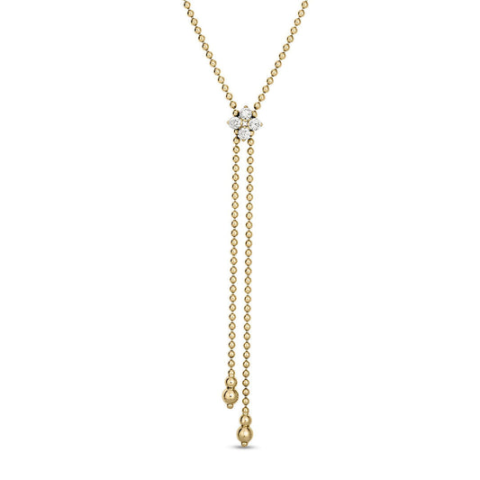 The Roberto Coin Love in Verona 18K Yellow Gold Diamond Flower Lariat Necklace features a 23" Y-shaped chain with a central cluster of three diamonds (0.30 tcw) and two dangling ends, each accented with a small gold bead.
