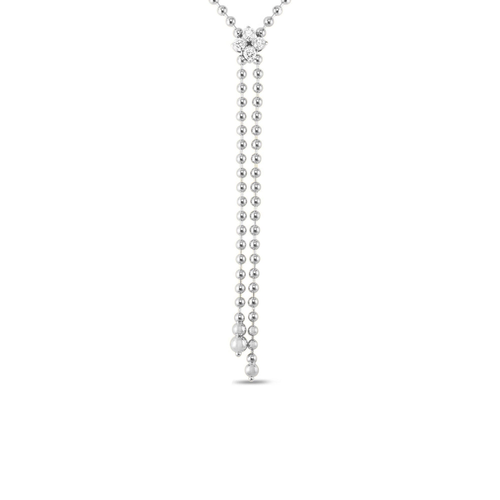 The Roberto Coin Love in Verona 18K White Gold Diamond Flower Zipper Necklace features a 0.65 TCW diamond flower cluster and two silver bead strands, each ending with a single bead, for a delicate and elegant look.