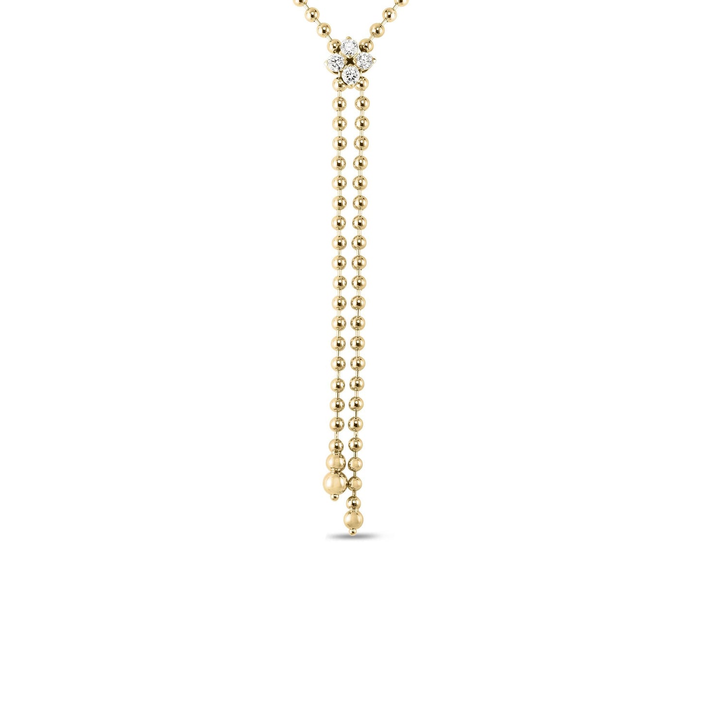The Roberto Coin Love in Verona 18K Yellow Gold Diamond Flower Zipper Necklace features a delicate design with a diamond flower cluster (0.65 TCW) at the center, gold bead accents, and dual hanging strands.