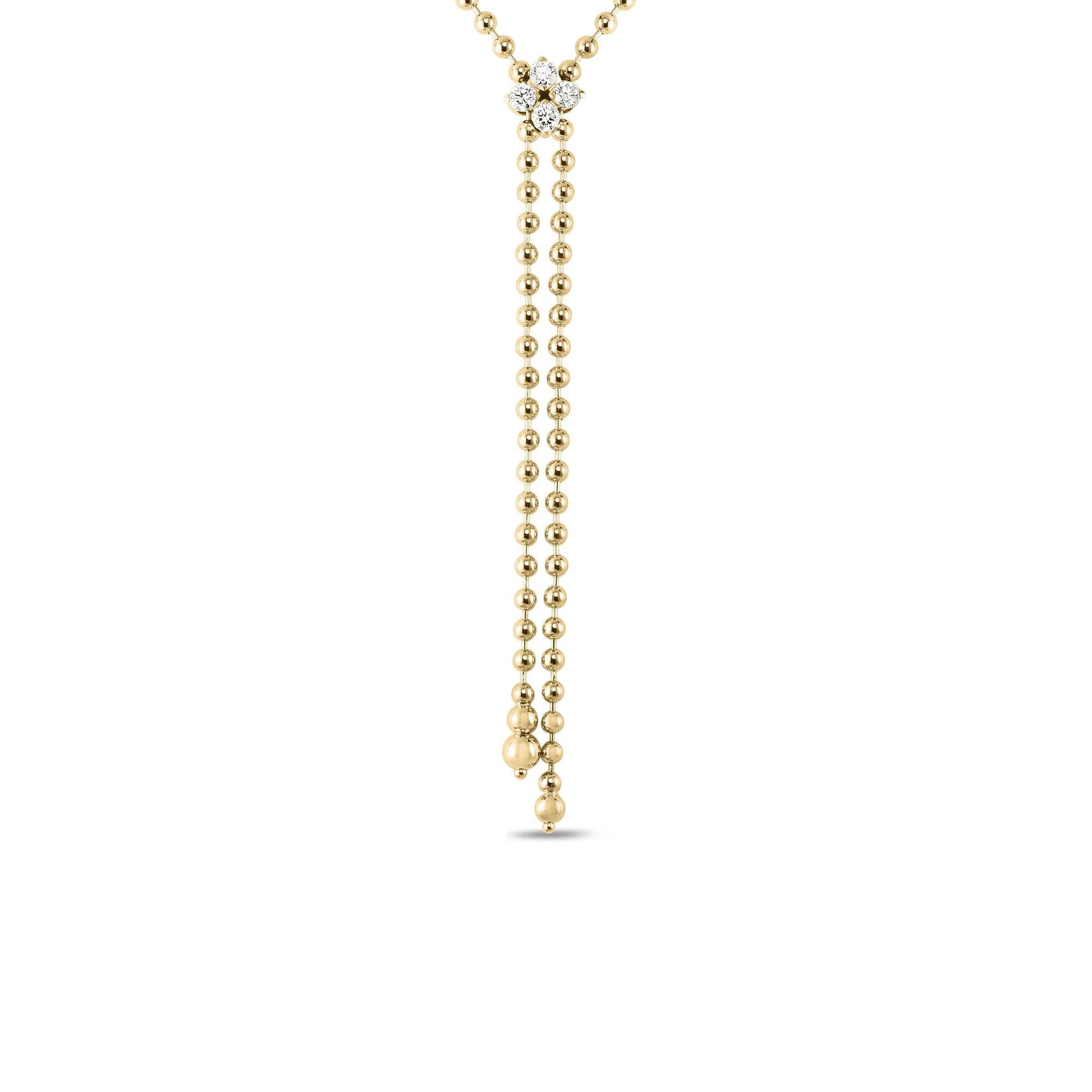 The Roberto Coin Love in Verona 18K Yellow Gold Diamond Flower Zipper Necklace features a delicate design with a diamond flower cluster (0.65 TCW) at the center, gold bead accents, and dual hanging strands.