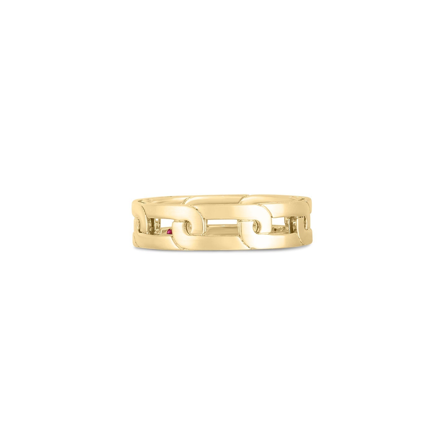 The Roberto Coin Navarra 18K Yellow Gold Slim Ring, featuring a chain link design, is beautifully presented against a plain white background. Its interconnected links form a seamless and elegant look.