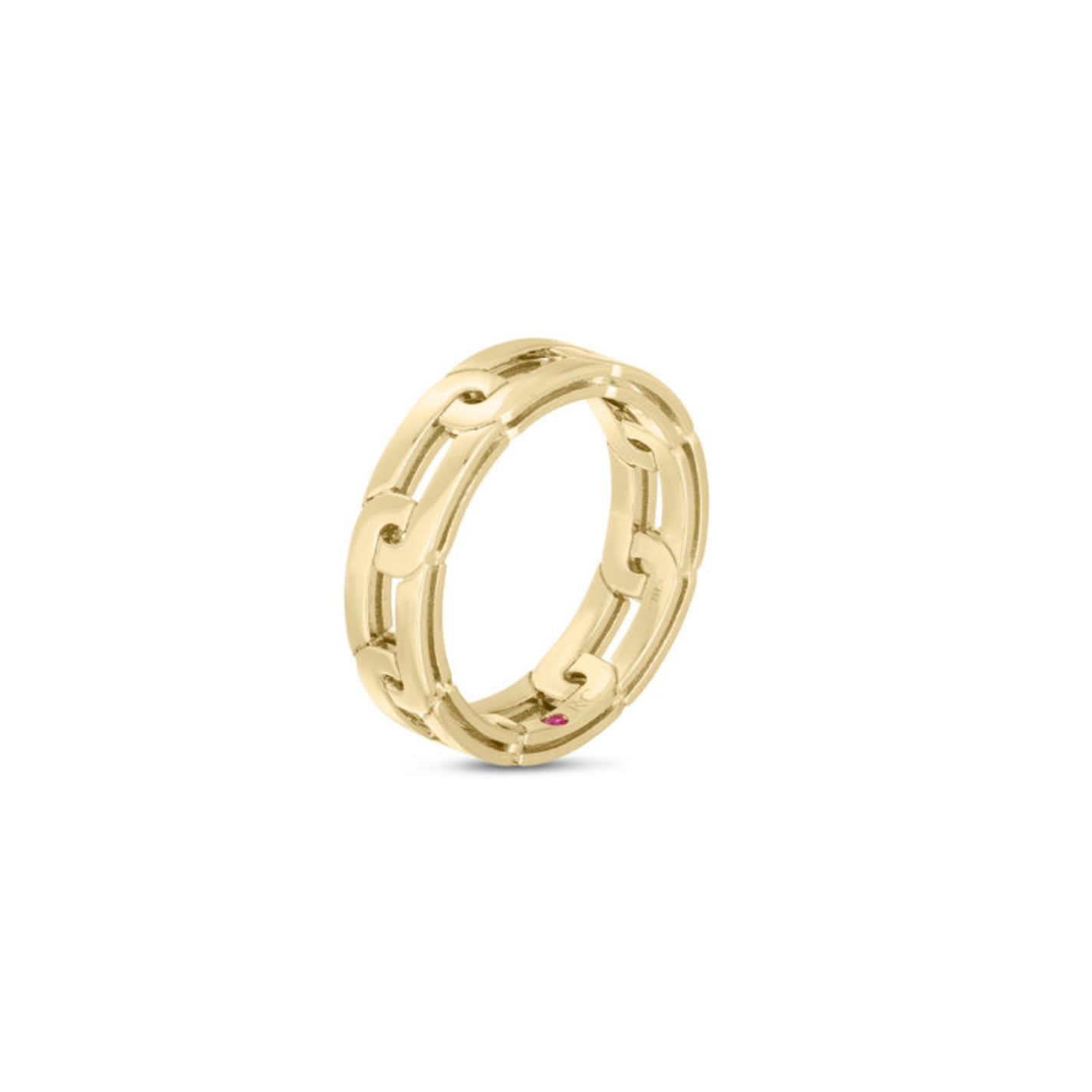 The Roberto Coin Navarra 18K Yellow Gold Slim Ring highlights a distinctive linked chain-like design. Crafted by Roberto Coin, this design features a smooth finish with intricate interlocking patterns against a plain white background, offering a stylish and contemporary appearance.