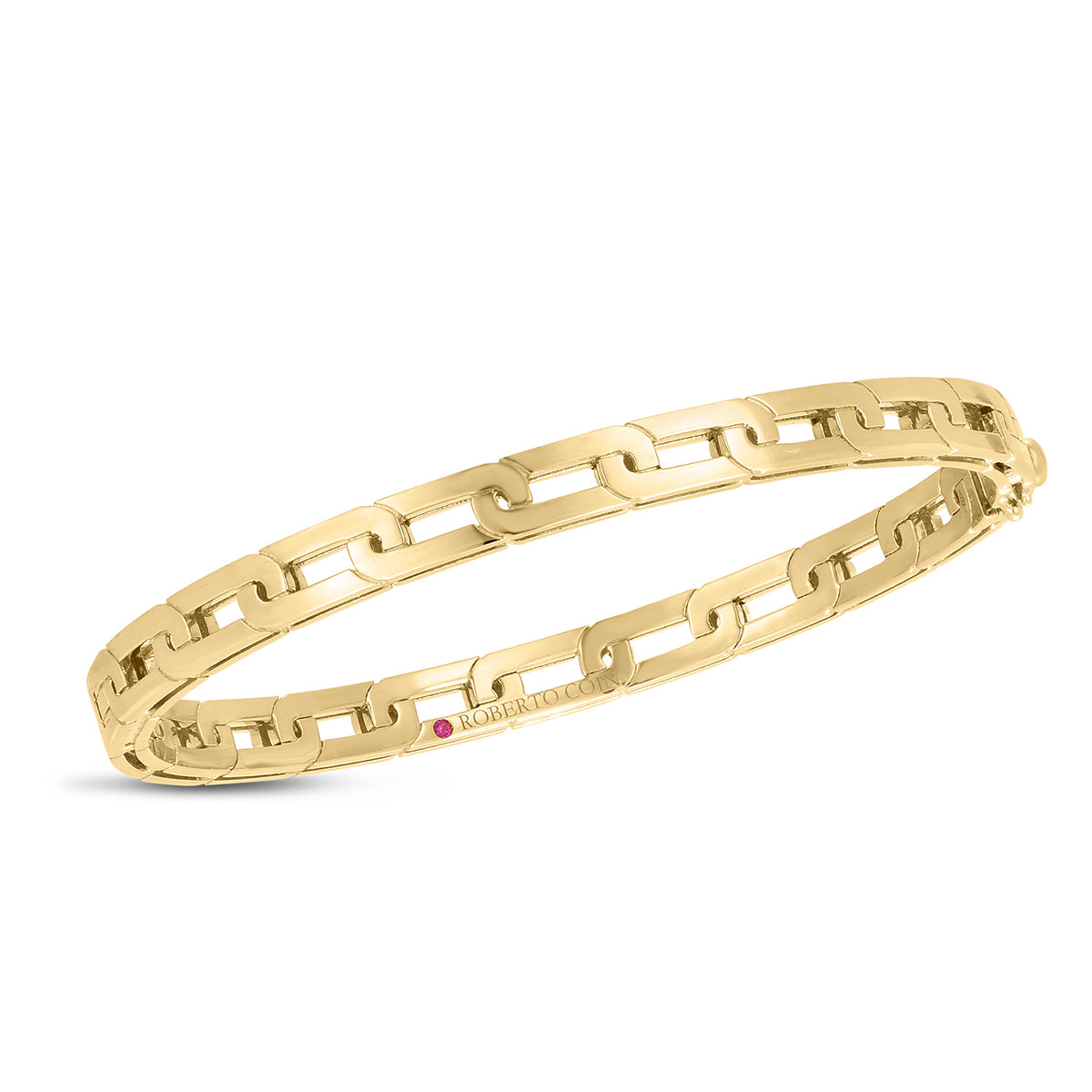 The Roberto Coin Navarra 18K Yellow Gold Bangle showcases a stylish and contemporary rectangular link chain design, expertly crafted from shiny and polished 18k yellow gold for a refined look.