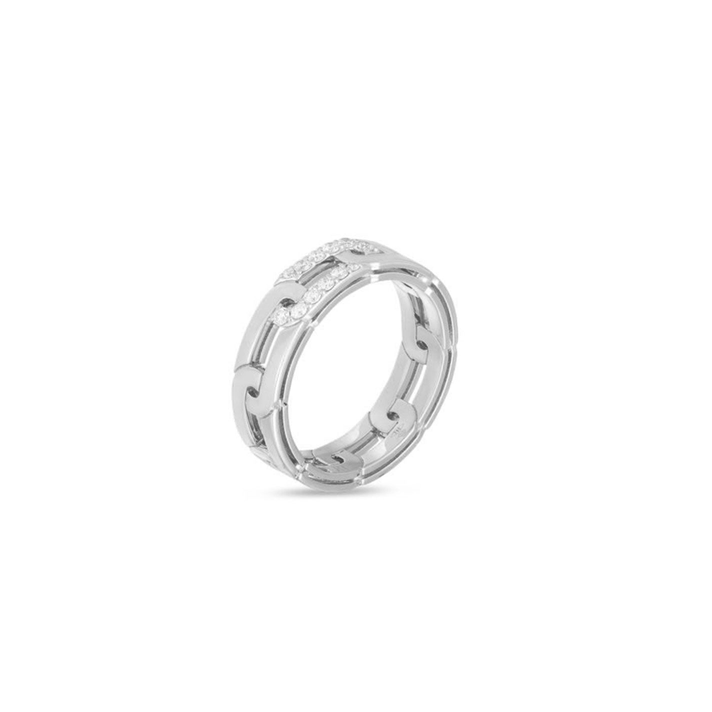 The Roberto Coin Navarra 18K White Gold Diamond Accent Slim Ring boasts an elegant, intricate interlocking design adorned with small round diamonds glittering on top. It is crafted from luxurious 18 Karat white gold and set against a plain white background.