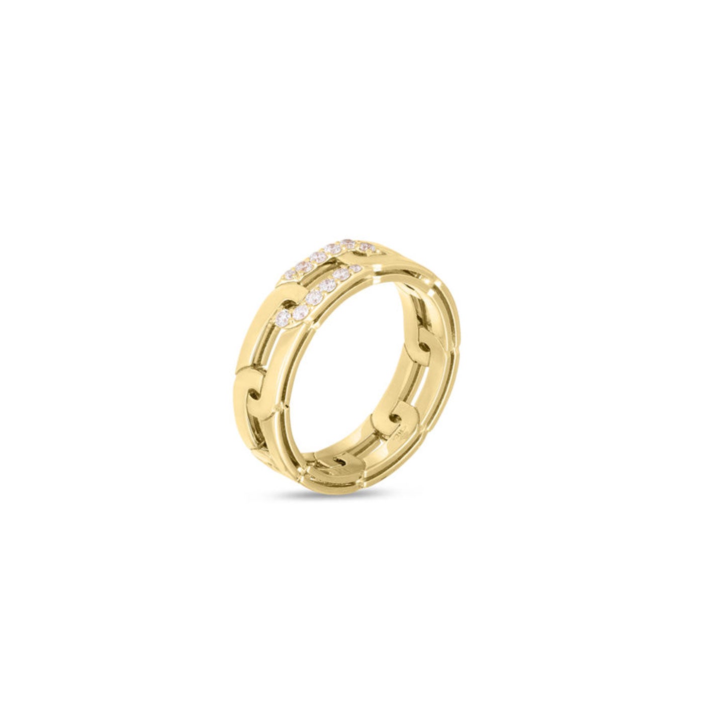 The Roberto Coin Navarra 18K Yellow Gold Diamond Accent Slim Ring features a chain link design embellished with sections of round diamonds set against a white backdrop.