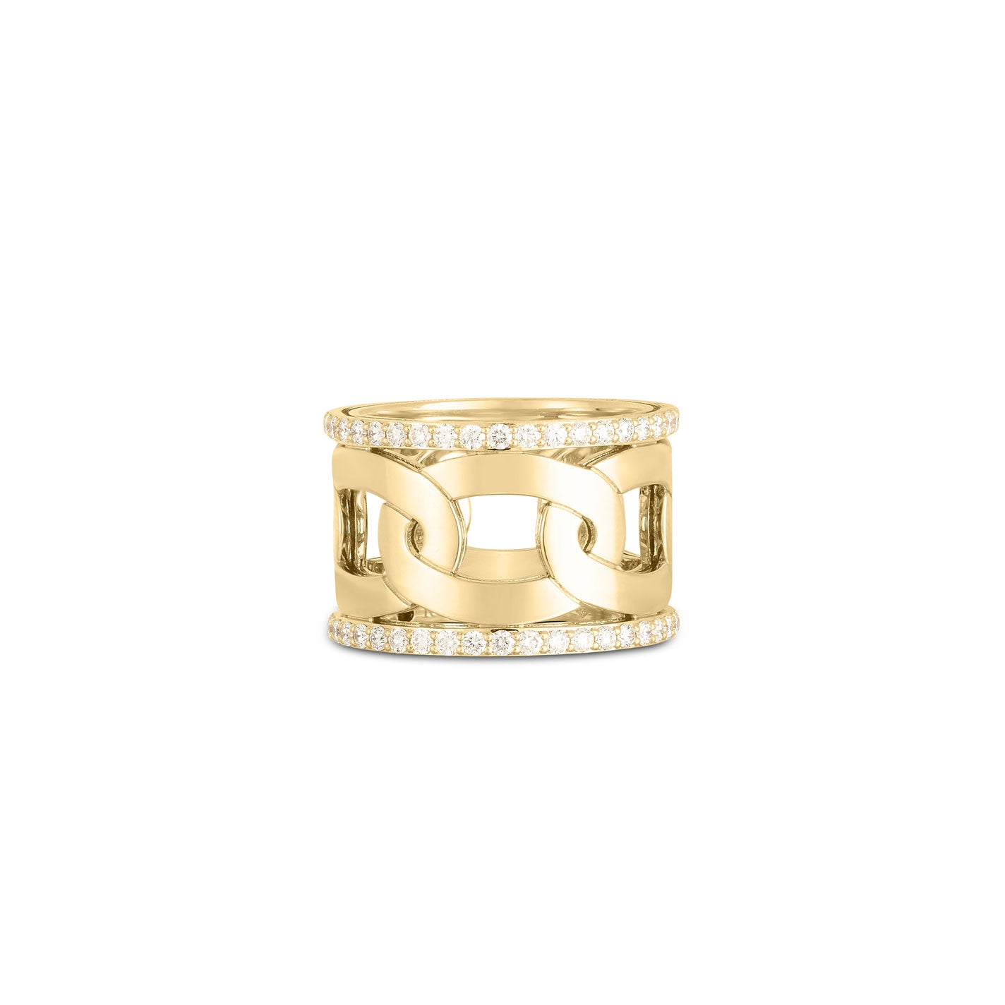 The Roberto Coin Navarra 18K Yellow Gold Diamonds Wide Band Ring showcases an interlocking chain design, embellished with rows of small diamonds that gleam along the top and bottom edges.